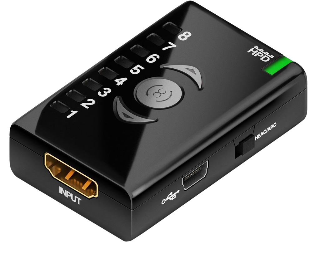 Indgangssiden af Dr HDMI med HDMI-indgang, Mini-USB-port og HEAC/ARC-kontakt