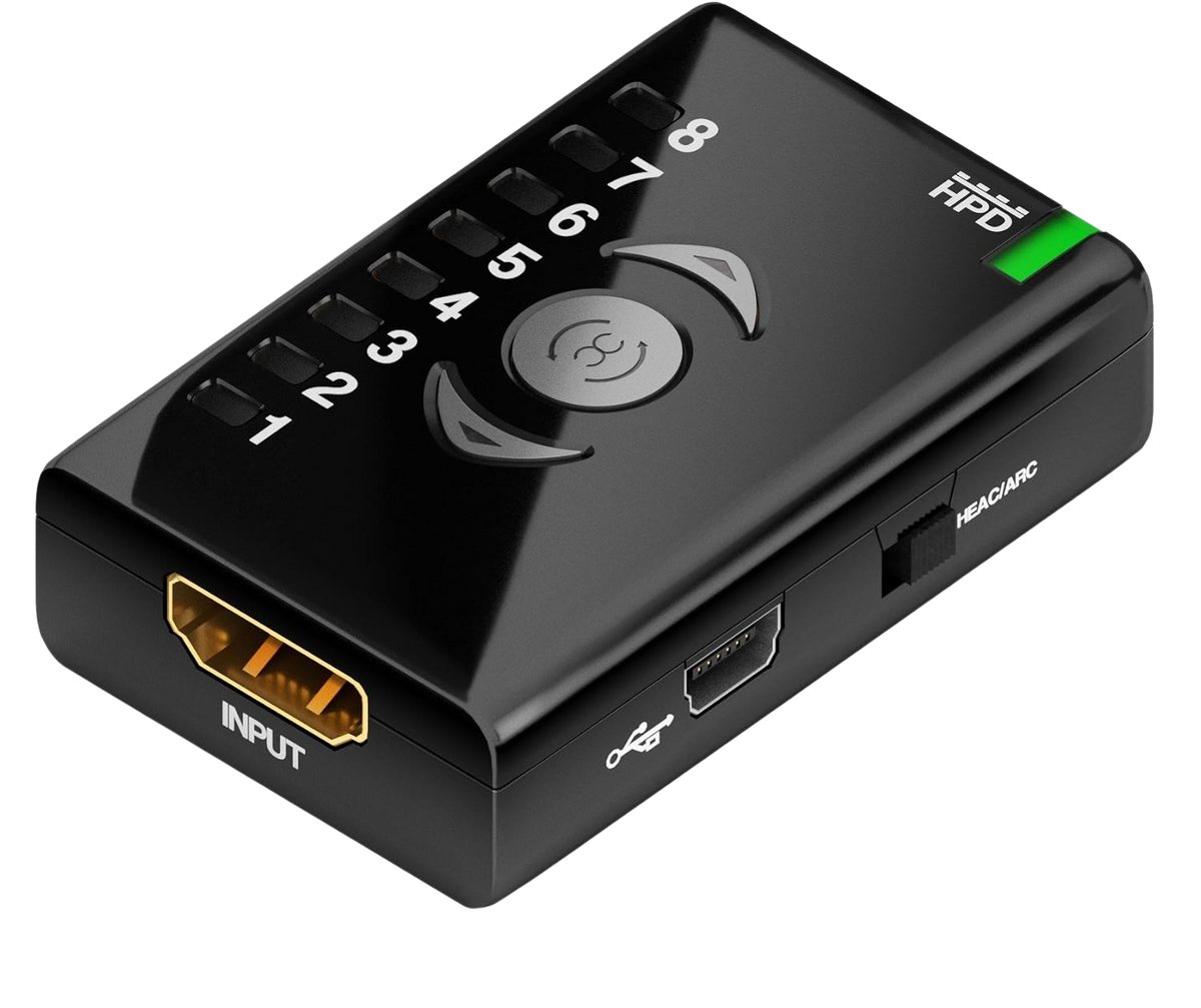 Dr HDMI med bankknapper, HDMI-indgang og grøn HPD-indikator