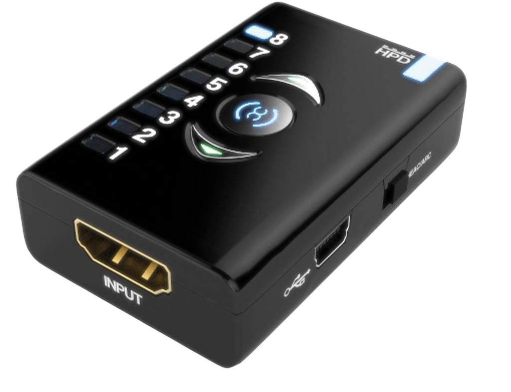 Dr HDMI med HDMI-indgang, Mini-USB-port og tændte EDID-bank-lysdioder