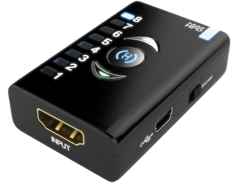 Dr HDMI med HDMI-indgang, Mini-USB-port og tændte EDID-bank-lysdioder