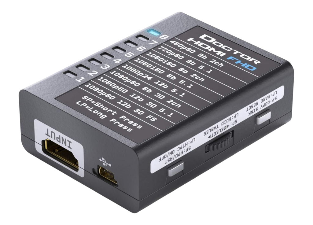 Udgangssiden på Dr HDMI 4K, med HDMI-udgangen, RS232-stikket og knapperne copy sink og HPD