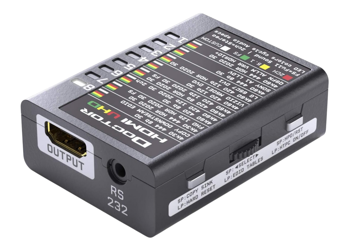 Dr HDMI 4K set fra udgangssiden, med UHD-EDID-banktabellen trykt på oversiden