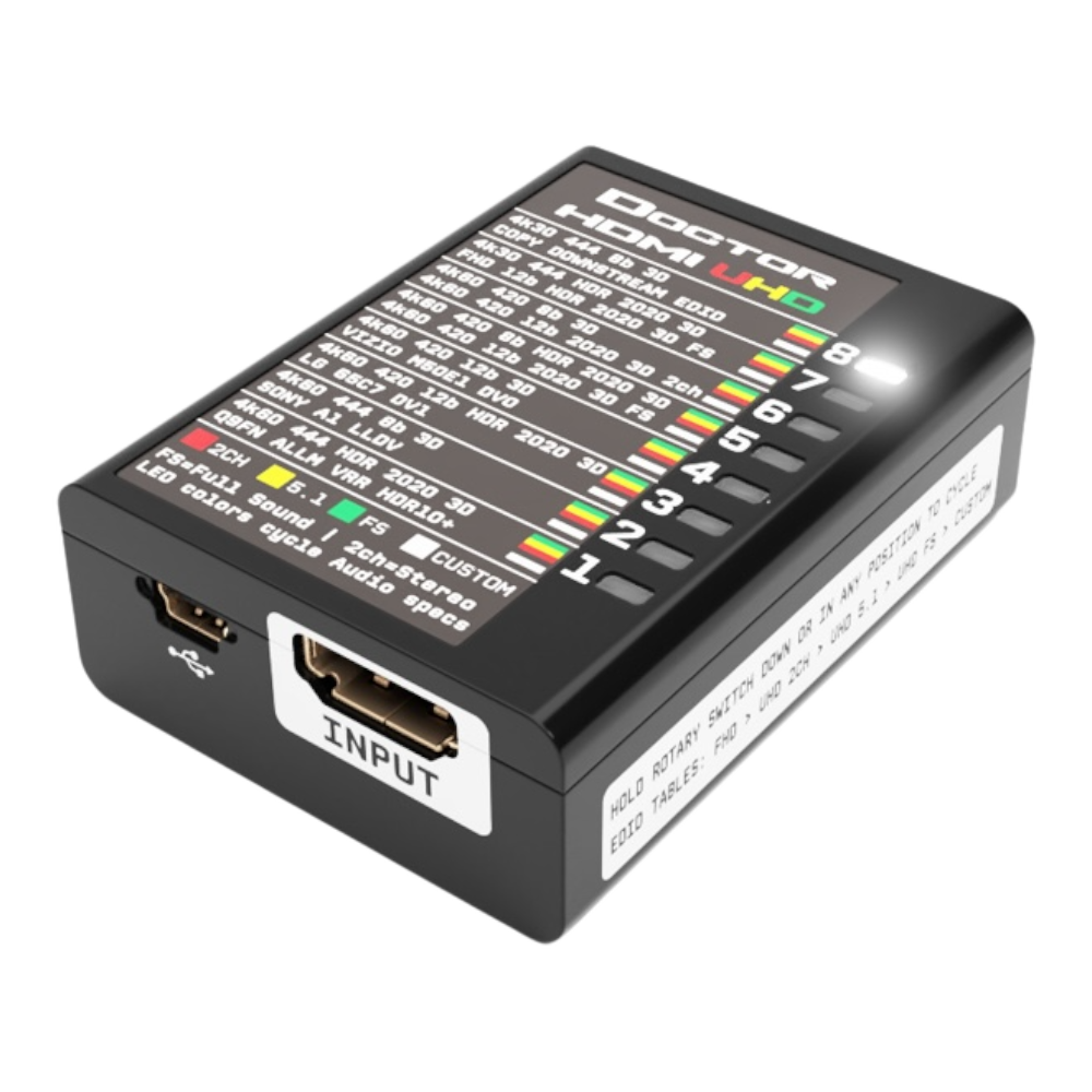 Indgangssiden på Dr HDMI 4K, med HDMI-indgangen, mini-USB-porten og UHD-EDID-tabellen ovenpå