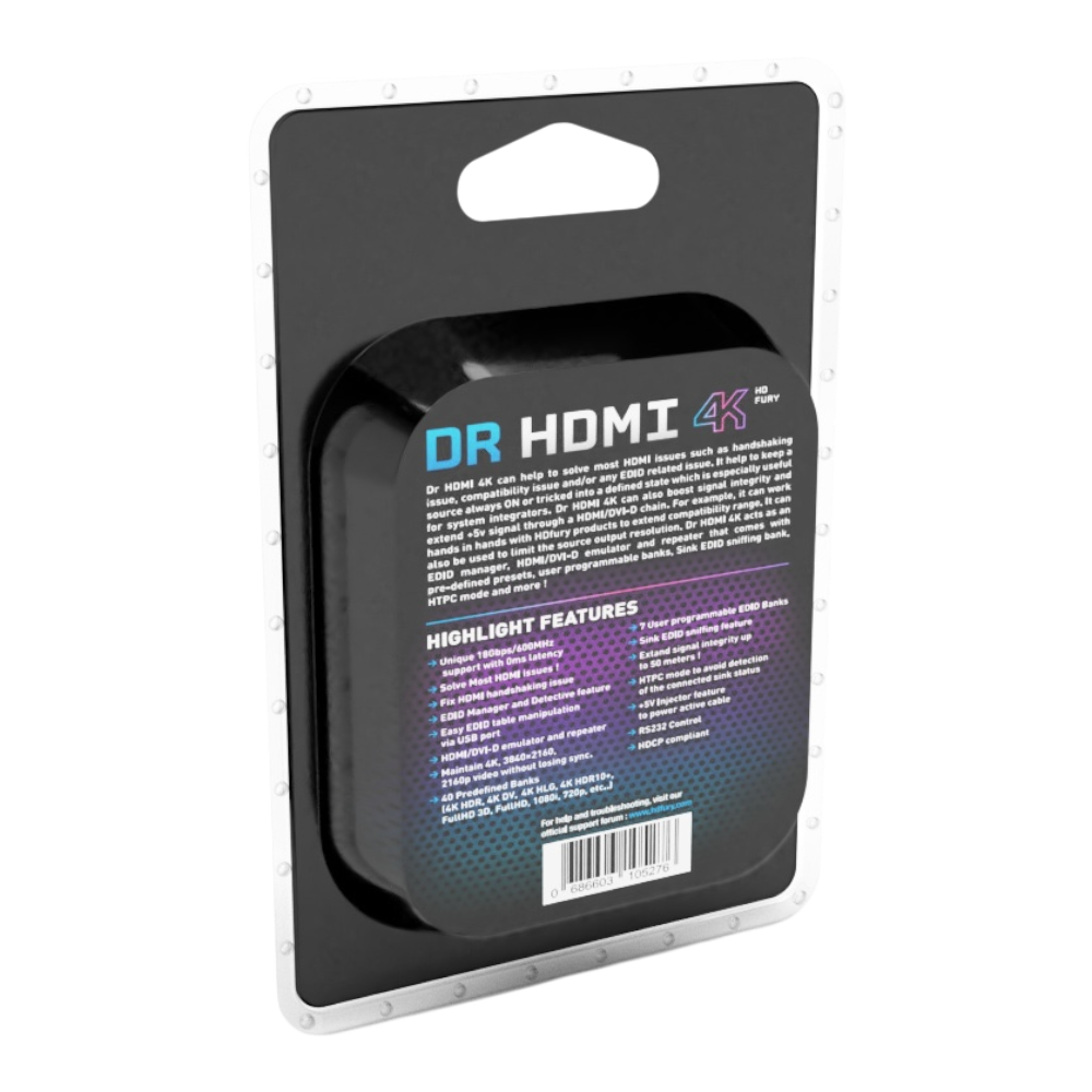 Dr HDMI 4K-emballagen, bagsiden, med specifikationerne