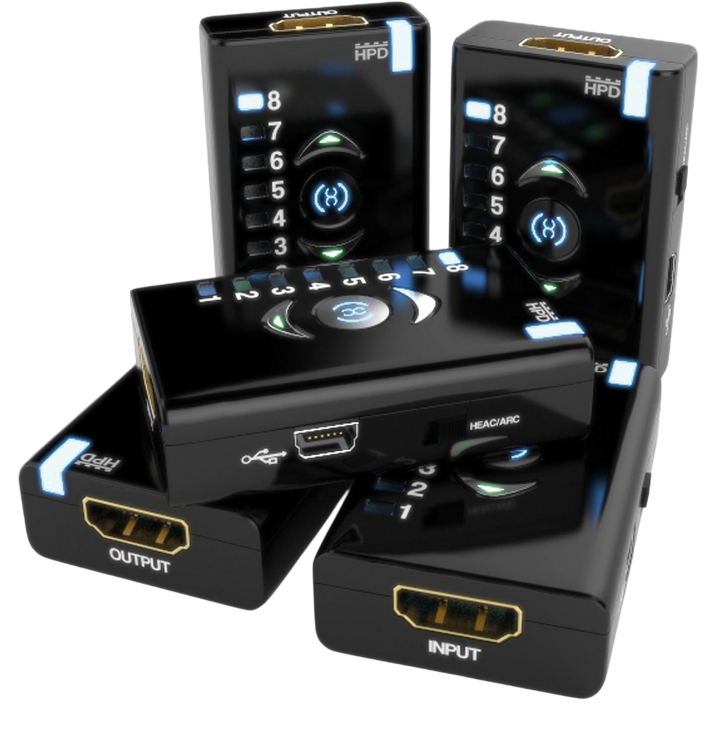 Fem Dr HDMI fra forskellige vinkler med HDMI-indgang og -udgang, Mini-USB-port og HEAC/ARC-kontakt
