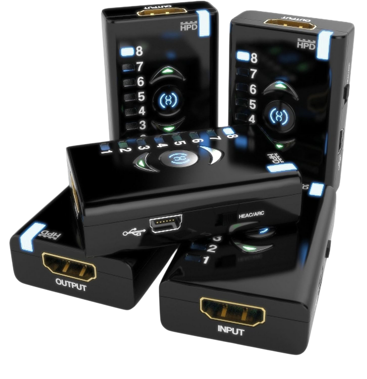 Fem Dr HDMI fra forskellige vinkler med HDMI-indgang og -udgang, Mini-USB-port og HEAC/ARC-kontakt