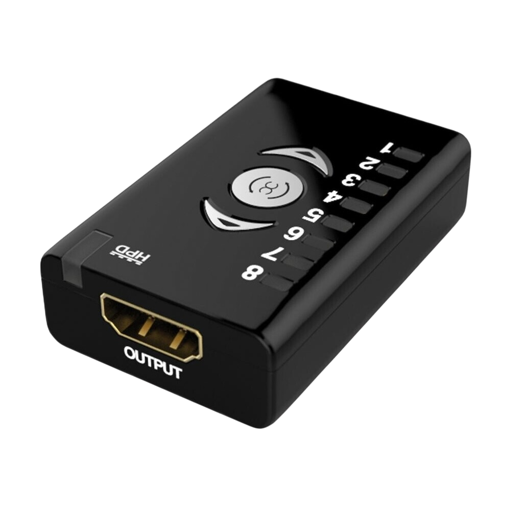 Udgangssiden af Dr HDMI med HDMI-udgang og bank-lysdioder 1 til 8