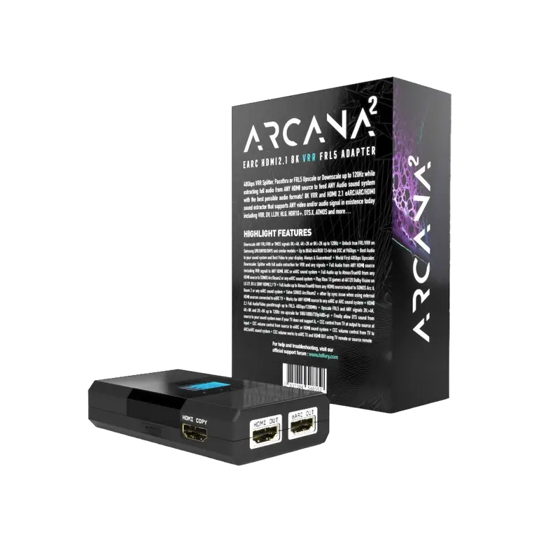 HDfury Arcana 2 tilslutninger bagpå: HDMI ind, 2x HDMI ud, eARC ud