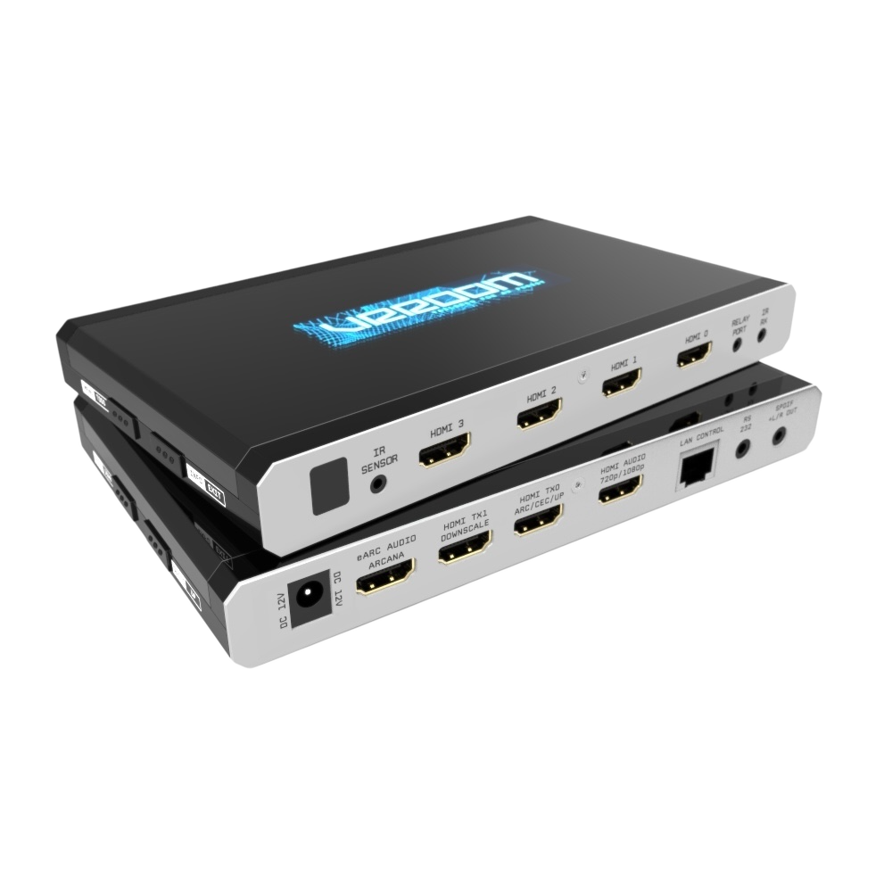 HDfury VRROOM 8K HDMI 2.1-matrix, skalerer og eARC-lydekstraktor – set forfra med OLED-display