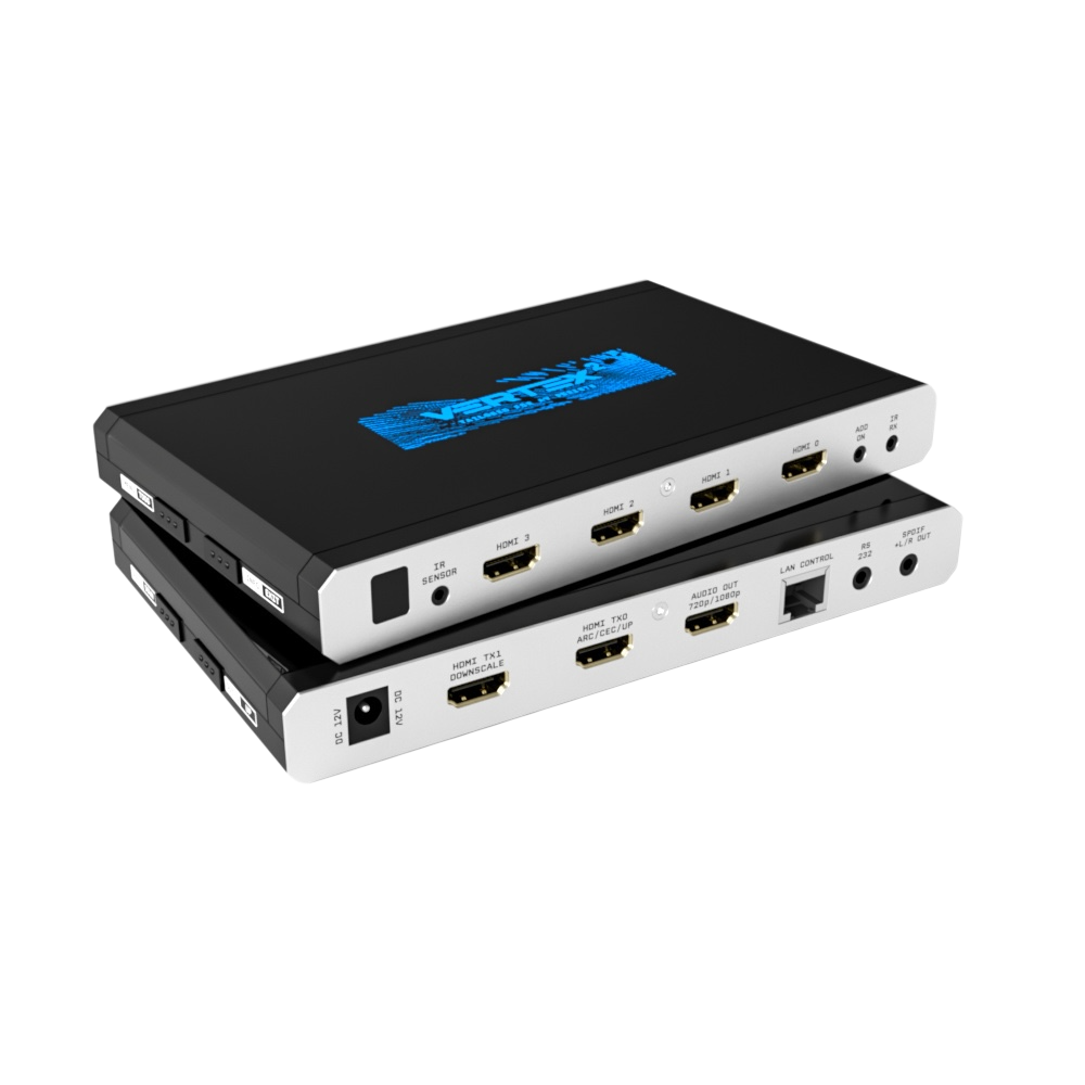 HDfury Vertex 2 4x2 HDMI-matrix vist to gange, stablet: de fire HDMI-indgange øverst og nedenunder scalerudgangene TX0 og TX1, audioextractorudgangen, LAN, RS232 og S/PDIF