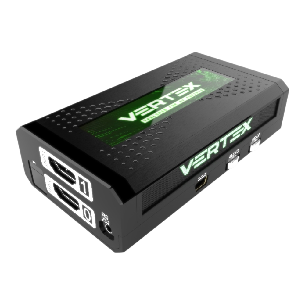 HDfury Vertex 4K 18Gbps HDMI 2x2-matrix og scaler med OLED, HDMI-indgange, RS232, mini-USB, AUDIO- og HDCP-kontakter