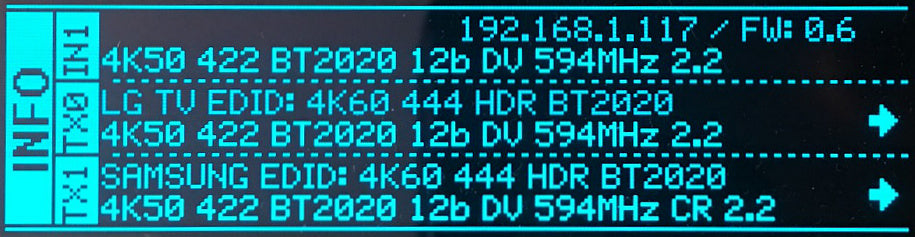 HDfury Vertex 2 OLED-infoskærm med IP-adressen 192.168.1.117, firmware 0.6, det indgående 4K50 4:2:2 12-bit Dolby Vision-signal og det, scaleren sender til LG- og Samsung-skærmene på TX0 og TX1