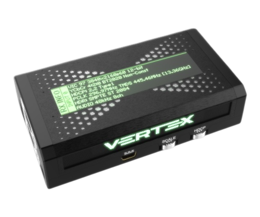 HDfury Vertex RX INFO på OLED: 3840x2160p60 12-bit, YCbCr 4:2:0 BT2020, HDCP 2.2, HDR SMPTE ST 2084, 8-kanals lyd