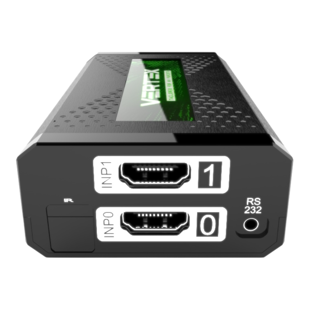HDfury Vertex indgangsside: HDMI-indgangene INP0 og INP1, IR-modtager og RS232-port