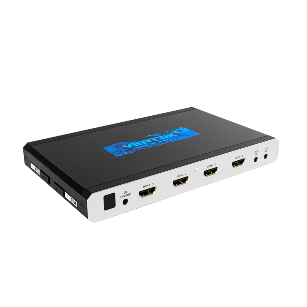 HDfury Vertex 2 4x2 HDMI-matrix, splitter og scaler på hvid baggrund med de fire 18Gbps HDMI-indgange og det blå Vertex 2-logo på låget