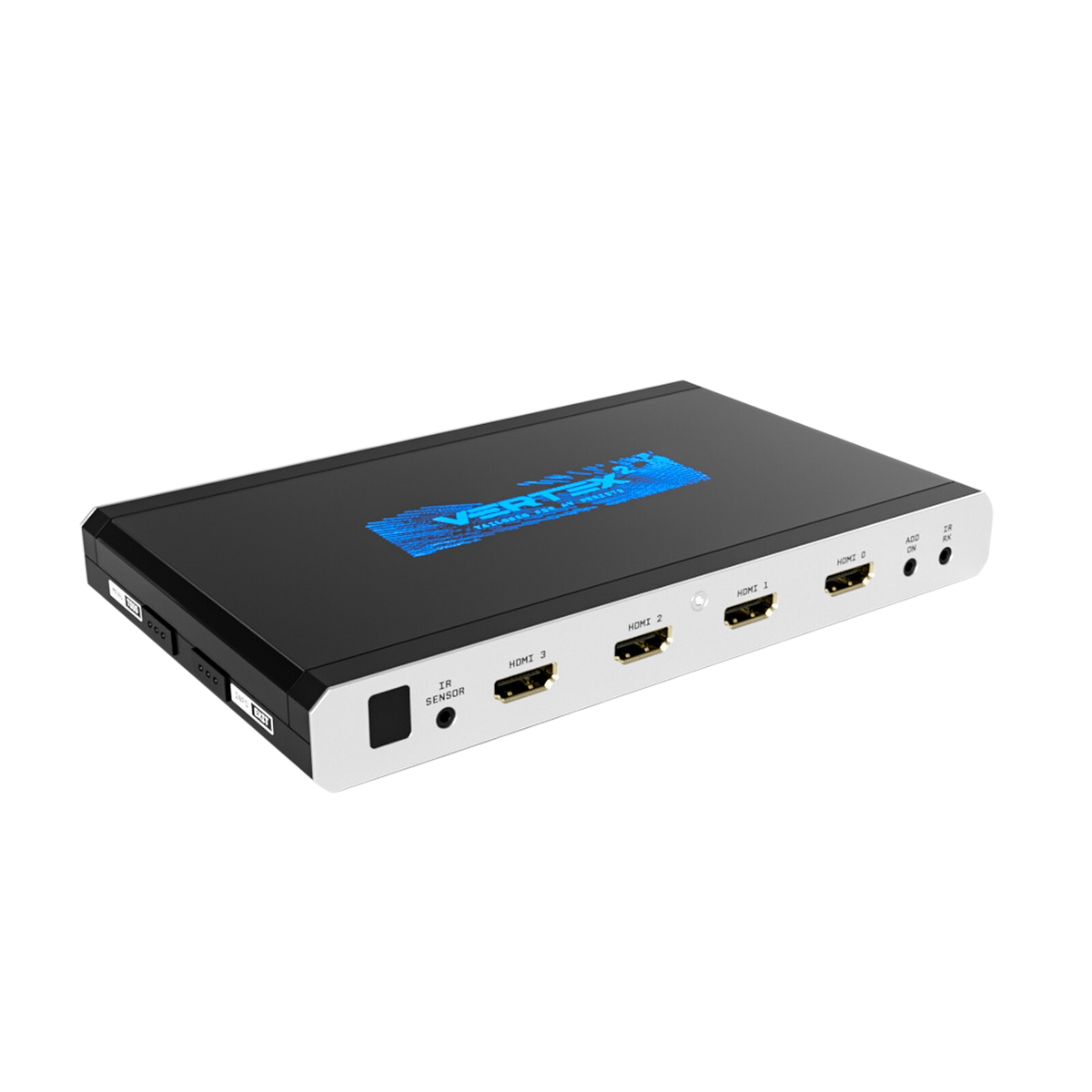 HDfury Vertex 2 4x2 HDMI-matrix, splitter og scaler på hvid baggrund med de fire 18Gbps HDMI-indgange og det blå Vertex 2-logo på låget