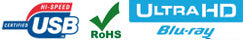 USB Certified Hi-Speed-, RoHS- og Ultra HD Blu-ray-logoer