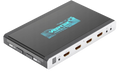 HDfury Vertex 2 HDMI-matrix og -switch set skråt oppefra, indgangssiden: IR-sensor, fire HDMI-indgange nummereret 0 til 3, add-on- og IR RX-stik