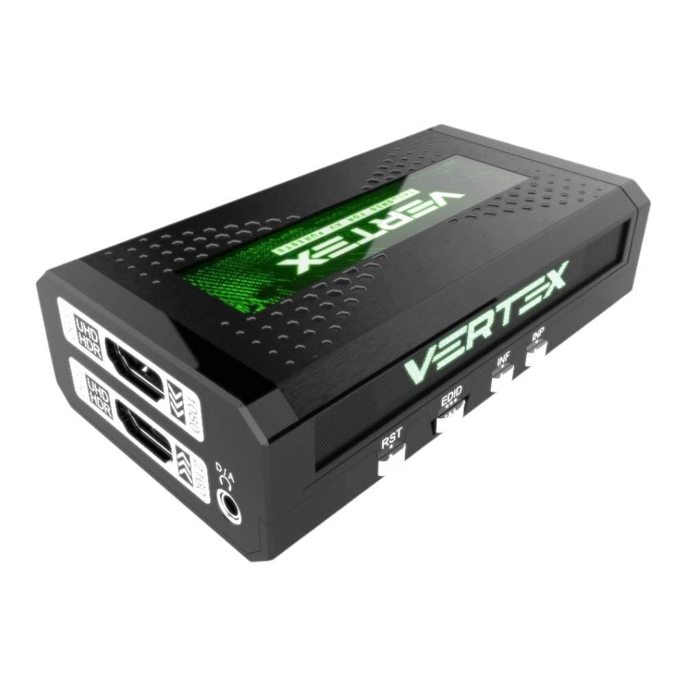 HDfury Vertex HDMI 2.0b-splitter og scaler: HDMI-udgange, D/A-lydstik og betjeningerne RST, EDID, INF og INP