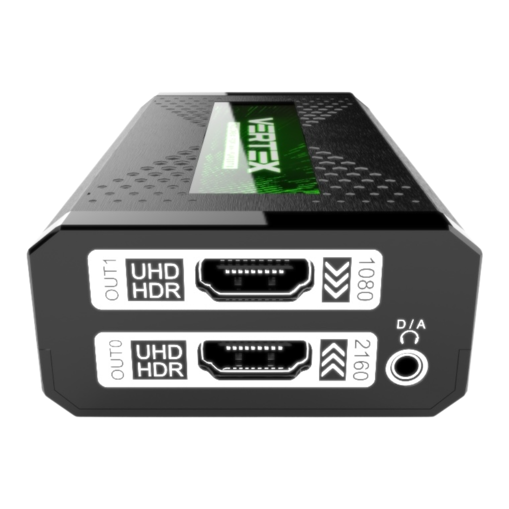 HDfury Vertex udgangsside: OUT1 UHD HDR med nedskalering til 1080p, OUT0 UHD HDR med opskalering til 2160p, D/A-lydstik