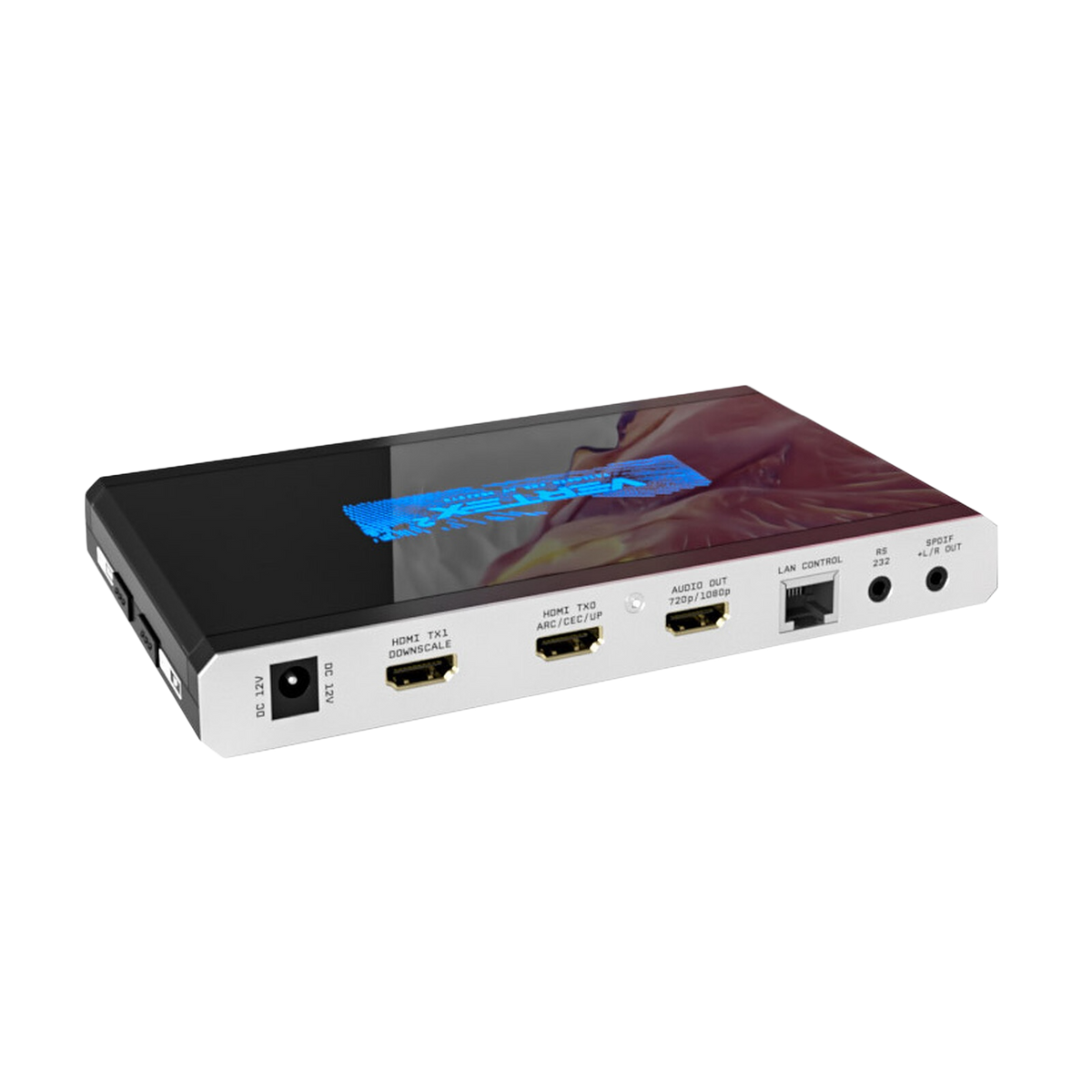 Nærbillede af udgangene på HDfury Vertex 2: 12V DC, HDMI TX1 nedskalering, HDMI TX0 med ARC, CEC og opskalering, den dedikerede HDMI-udgang fra audioextractoren, LAN-styring, RS232 og optisk S/PDIF