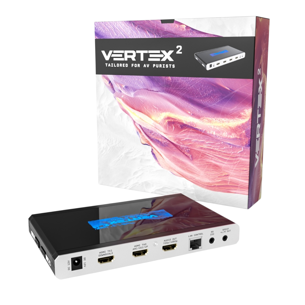 HDfury Vertex 2-æsken ved siden af enheden med scalerudgangene TX0 og TX1 og lydudgangen i billedet