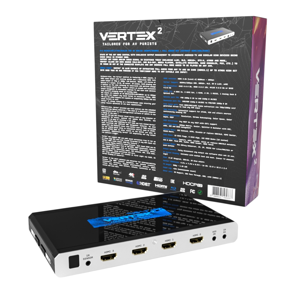 Bagsiden af HDfury Vertex 2-æsken med hele specifikationsteksten, ved siden af enheden, der viser sine fire HDMI-matrixindgange